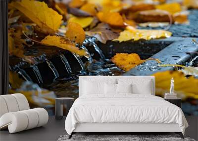 Close-up of water flowing into storm drain with yellow leaves in the background. Concept Nature, Autumn, Environment, Urban, Landscape Wall mural