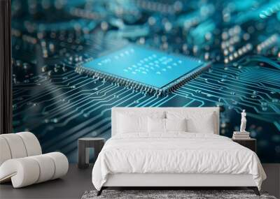 Closeup of electronic circuit board with blue computer chip for futuristic technology. Concept Technology, Circuit Board, Blue Chip, Electronics, Futuristic Wall mural