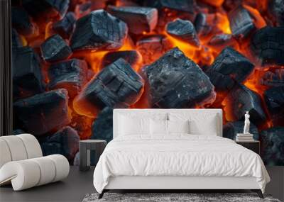 closeup of fiery hot glowing charcoal briquettes in barbecue grill pit. сoncept barbecue grill pit,  Wall mural