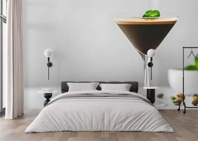 Closeup of Pistachio Espresso Martini in martini glass on white background. Concept Food Photography, Cocktail Styling, Closeup Shots, Drink Presentation, White Background Wall mural