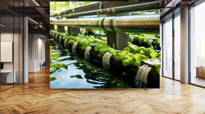 Closeup of wastewater treatment system for recycling water in algae cultivation. Concept Wastewater Treatment, Water Recycling, Algae Cultivation, Closeup Shots, Sustainable Technology Wall mural