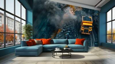 Coal mining operation with dump truck at open pit site. Concept Coal Mining, Dump Truck, Open Pit, Industrial Equipment, Mining Operations Wall mural