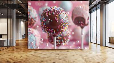 Colorful cake pops with sprinkles and chocolate frosting on a lovely backdrop Wall mural