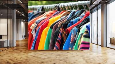 Colorful clothing hanging on a rack in a vibrant clothing store interior Wall mural