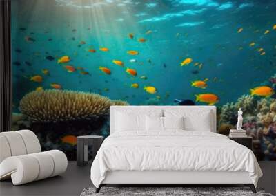 Colorful Coral Reef With Schools Of Tropical Fish. Panoramic Banner. Generative AI Wall mural