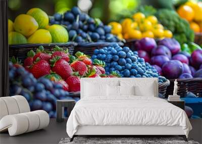 Colorful display of fresh fruits and vegetables at a vibrant farmers market stall. Concept Farmers Market, Fresh Produce, Vibrant Display, Colorful Fruits, Vegetables Wall mural