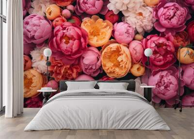 Colorful flower background of fresh peonies, beautiful floral backdrop Wall mural