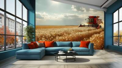 Combining Cotton in a Vast Field. Concept Agricultural Innovation, Sustainable Farming, Cotton Harvest Techniques, Field Cultivation Practices Wall mural