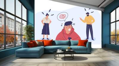 Conflict with parents, father and mother scolding a teenage boy. A teenage boy ignores his parents. Children's misunderstanding with their families. Wall mural