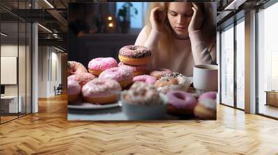 Contemplating Unhealthy Food Choices, woman appears overwhelmed as she contemplates a table full of pink frosted donuts, highlighting the struggle with diet choices. Wall mural