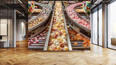 Conveyor belt in candy factory automates pastel sweets production and packaging . Concept Candy Factory Automation, Pastel Sweets Production, Conveyor Belt System, Packaging Process Wall mural