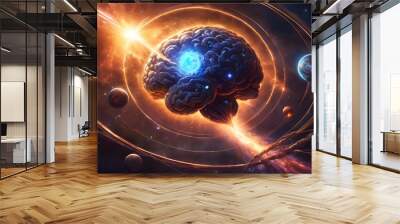 Cosmic Mind Illuminating the Universe reveals a brain amidst celestial bodies, radiating light. AI Generated Wall mural