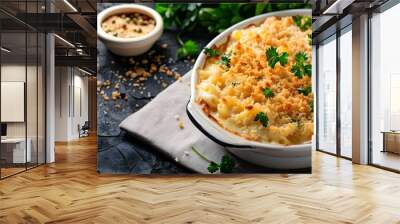 Creamy baked mac and cheese with golden brown breadcrumb topping. Concept Creamy Baked Mac and Cheese Wall mural