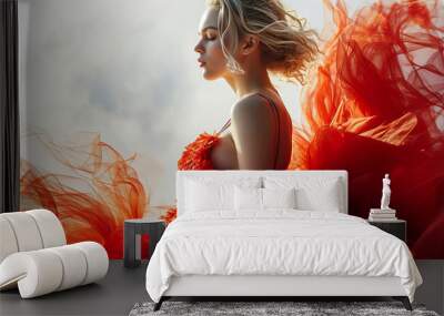 Creative fashion banner with beautiful blonde woman model in red gown dress celebrating Valentine day February 14, 8 March, Birthday, International Women day, copy space, elegance sexy lady in red Wall mural