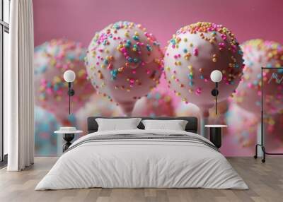 Delicious cake pops decorated with chocolate frosting and colorful sprinkles on a bright background Wall mural