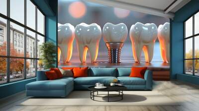 Dental implant displayed between teeth models on table in educational setting. Concept Dental Implants, Tooth Models, Educational Setting, Dental Equipment, Oral Health Wall mural