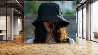 Design Mockup of a Girl Wearing a Black Bucket Hat. Concept Fashion Illustration, Hat Design, Street Style, Urban Chic, Clothing Mockup Wall mural