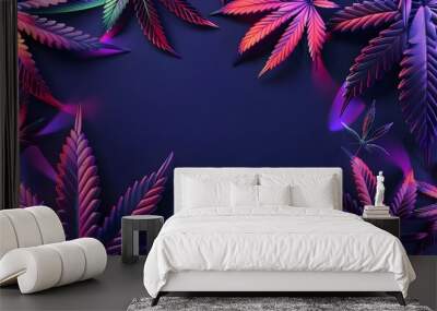 Design with dark background glossy metallic neon elements and repeated marijuana leaf patterns . Concept Neon Cannabis, Metallic Shine, Dark Background, Repeated Leaf Patterns Wall mural