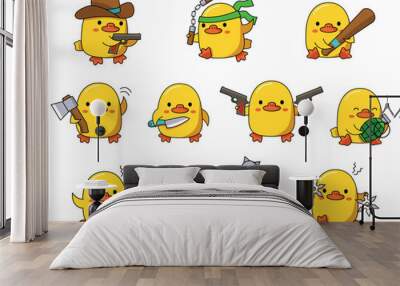 Set of illustrations with dangerous cute ducks. With different weapons. Vector graphic. Wall mural