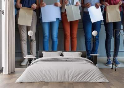 Diverse Group Holding Blank Papers, row of individuals with varying attire present blank papers, signifying unity or invitation for input Wall mural