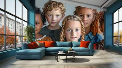 Diverse group of fictional children from various backgrounds standing together in art. Concept Multicultural Art, Children's Diversity, Group Portrait, Inclusive Representation Wall mural