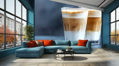 Doublebottomed glasses hold coffee drinks like cappuccino and latte against a dark backdrop. Concept Coffee Photography, Double-bottomed Glasses, Cappuccino, Latte, Dark Background Wall mural