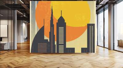 Dubai retro city poster with abstract shapes of skyline, buildings. UAE, United Arab Emirates vintage travel vector illustration, cityscape at sunrise, sunset Wall mural