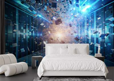 Dynamic digital explosion with floating data cubes and bright lights in a futuristic environment Wall mural