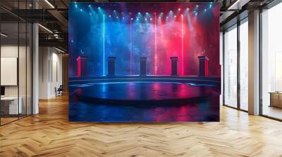 Elaborate game show set with podiums buzzers and audience for contestants. Concept Game Show, Set Design, Podiums, Buzzers, Audience Participation Wall mural