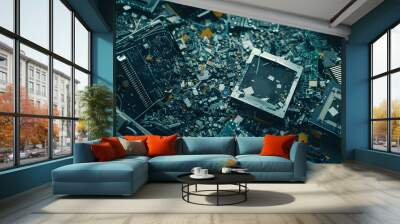 Electronic waste or ewaste is the result of people disposing of electronic devices they no longer need. Concept Recycling, Sustainable Practices, Environmental Impact, Technology Waste Wall mural