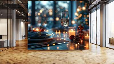 Elegant Christmas Dinner Table Setting with Festive Lights and Decor Wall mural