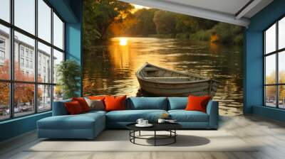 Elegant metal boat floating on a river at sunset in summer Wall mural