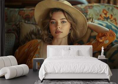 Elegant Woman in Stylish Hat and Embroidered Dress Relaxing on a Couch Wall mural