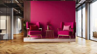 Empty wall mockup. Empty room with two chairs against a fuchsia wall. Bright pink interior Wall mural