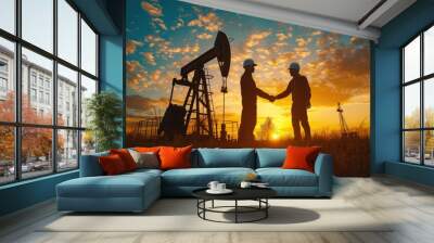 Energy Industry Partnership, Silhouette of two engineers shaking hands in the field with an oil pump jack against a vibrant sunset, symbolizing partnership in the energy industry Wall mural