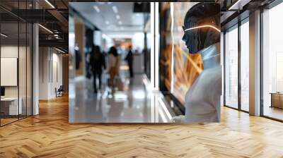 Enhancing Customer Engagement with Interactive Digital Mannequins in a Futuristic Retail Space. Concept Tech Integration, Customer Engagement, Digital Mannequins, Retail Innovation Wall mural