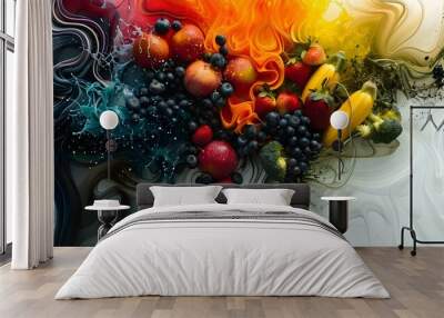 Explosive digital artwork showcasing vibrant fruits and vegetables in colorful hues. Concept Digital Art, Vibrant Colors, Fruits and Vegetables, Explosive Design, Colorful Hues Wall mural