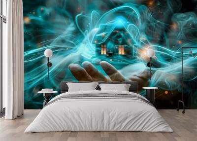 Fast wireless internet for home with fiber optic technology and levitating house. Concept Smart Home, Internet Connectivity, Fiber Optic Technology, Levitating House, Innovative Technology Wall mural