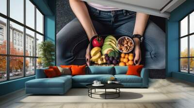 Fintech Woman In Leggings Sitting With Lunch Box Of Healthy Food, Top View, Closeup. Generative AI Wall mural