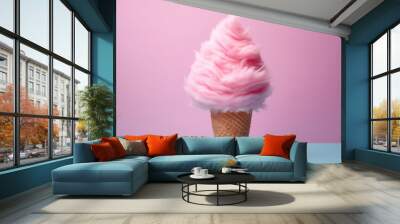 Fluffy Pink Cotton Candy In Colorful Paper Cone. Generative AI Wall mural