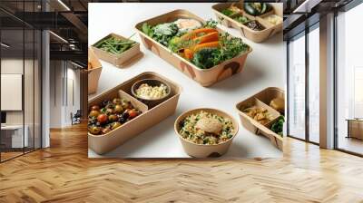 Food delivered in ecofriendly packaging made from biodegradable materials and wood. Concept Eco-Friendly Packaging, Biodegradable Materials, Wood Packaging, Sustainable Delivery Wall mural