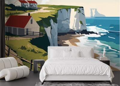 France Etretat village ocean shore landmarks view brochure. Colorful beach summer vector flat poster for Normandy region with nature Wall mural