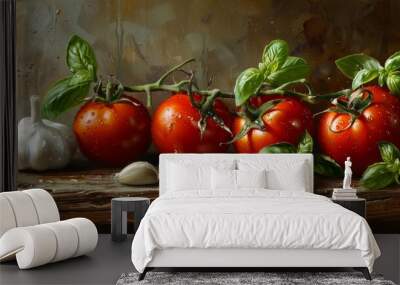 Fresh tomatoes, garlic, and basil on rustic table with natural lighting Wall mural