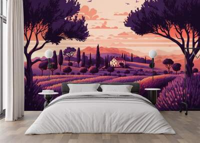 Generative AI. Beautiful lavender field, purple, blue sky, farm, Provence, France. a lavender field with a house in the distance and a pink sky in the background with a pink cloud in the sky Wall mural