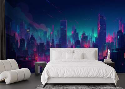 Generative AI. Futuristic night city. Cityscape on a colorful background with bright and glowing neon lights. Wide city front perspective view. Cyberpunk and retro wave style illustration Wall mural