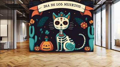 Generative AI. Mexican dead cat. Dead animals. cat skulls and sugar heads colorful holiday vector illustration for day of the dead, bones skeleton dia de los muertos pets party drawings Wall mural