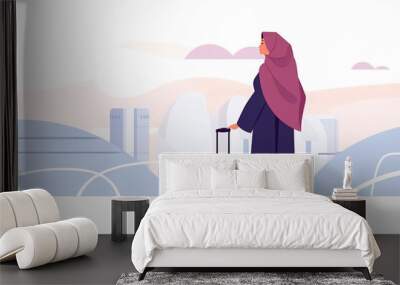 Generative AI. Muslim Arab woman stands at airport with luggage. Travel by airplane. Female in traditional Islam clothing. Plane transportation. Arabian in hijab waiting plane boarding. Wall mural