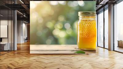 Glass jar of honeycomb honey on wooden table natural background copy space. Concept Honeycomb, Glass Jar, Wooden Table, Natural Background, Copy Space Wall mural