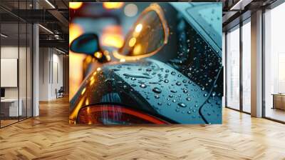 Glistening Raindrop Enhances The Sleek Exterior Of Cars Against A Rainy Backdrop Wall mural