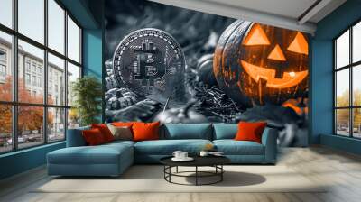 Halloween pumpkin jack-o-lantern and bitcoins on the green grass Wall mural